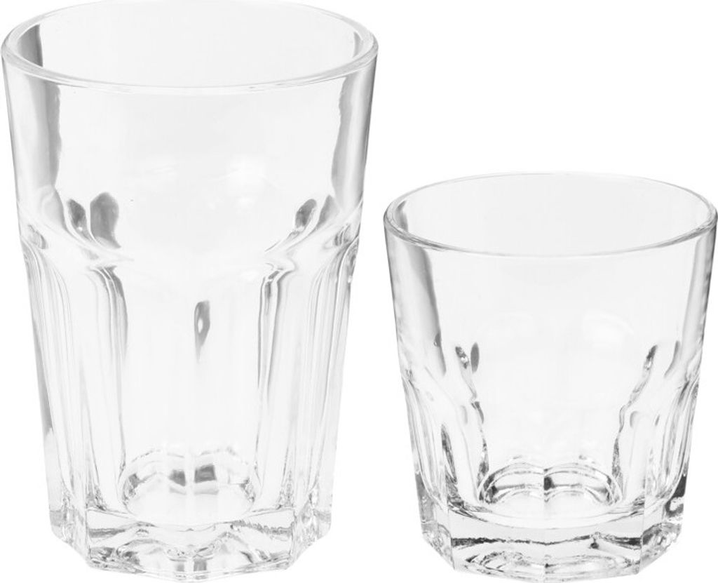 Two clear glasses of different sizes on a white background.