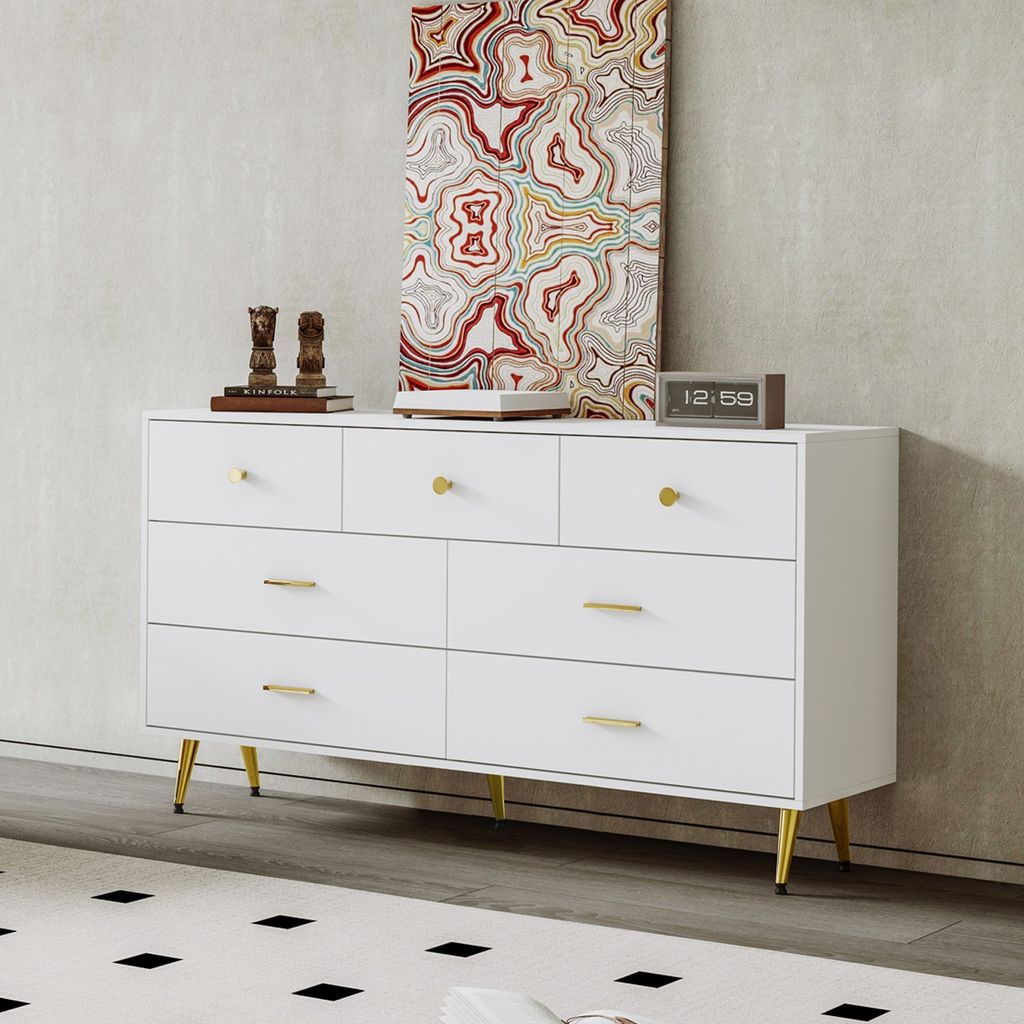 KLAM HOME Sideboard Kommode mit Goldene Griffe Beine Esszimmer Anrichte 7 Schubladen 140*35*76 cm Aufbewahrungsschrank Küche Schrank