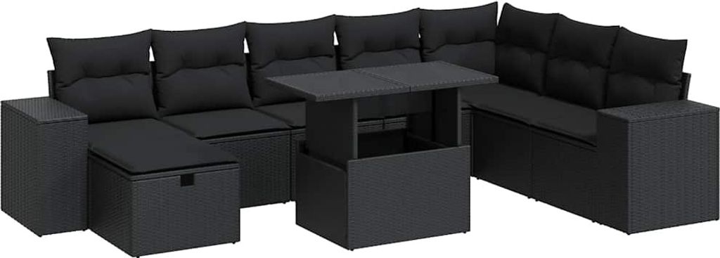 vidaXL 9-tlg. Garten-Sofagarnitur mit Kissen Schwarz Poly Rattan