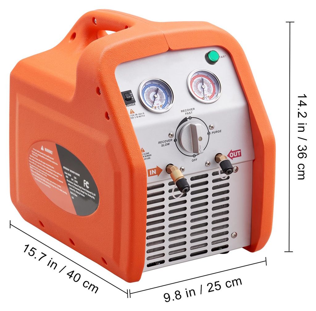 A front-facing studio shot of an orange and gray refrigeration recovery machine.
