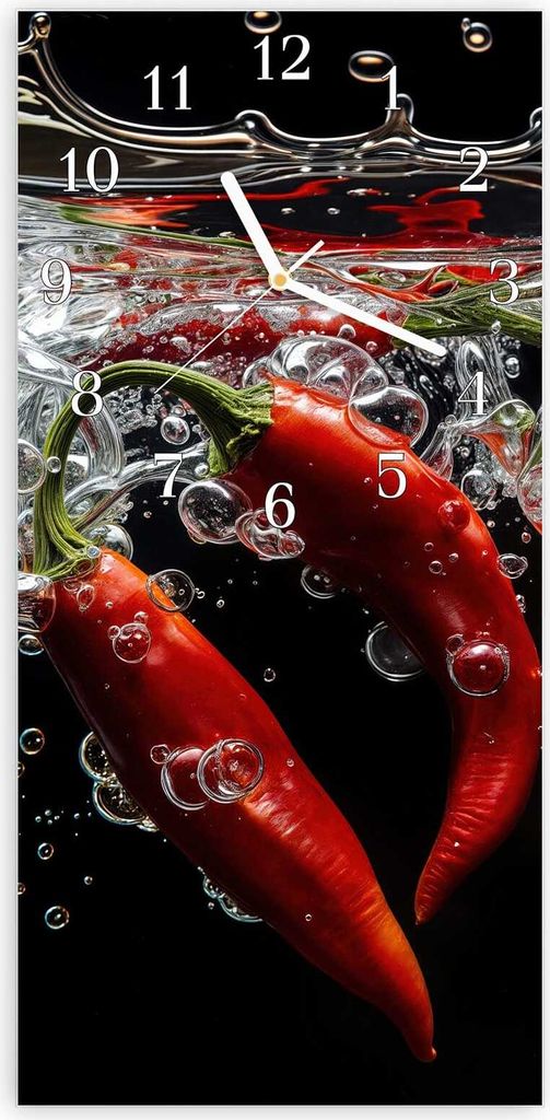 Wanduhr aus Glas mit Motiv Chili unter Wasser- 30 x 60 cm - inkl. Aufhängesystem