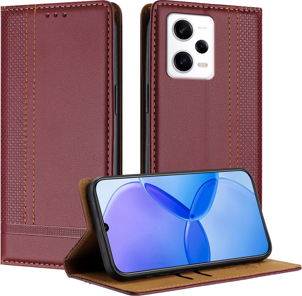 Handyhülle für Xiaomi Poco X5 Pro/Redmi Note 12 Pro 5G Leder Flip Klappbare Schutzhülle mit Standfunktion Dunkelrot