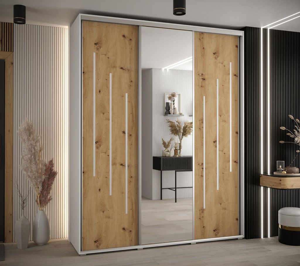 Kleiderschrank ASIRI 9 - 190/60 cm, Weiß / Artisan-Eiche / Silber