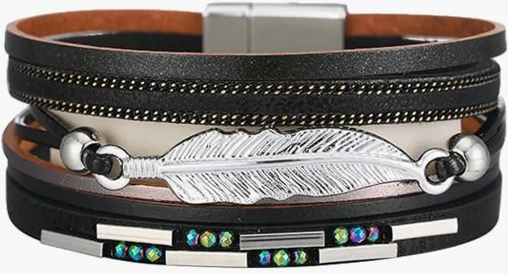 Bracelet cuir femme noir plume - Finition artisanale et fermoir acier