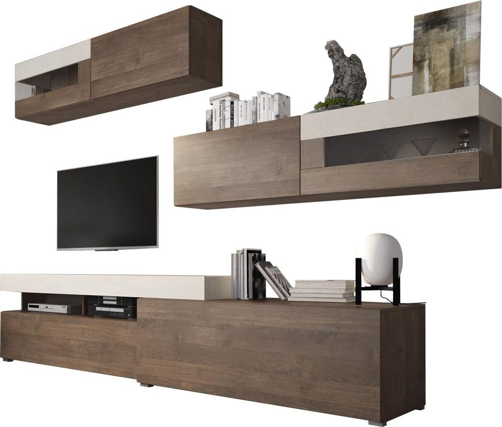 Dmora Wohnwand Giacosa 276x48x248h cm Nussbaum Braun, Modulierbar mit Flügel- und Klappenöffnung