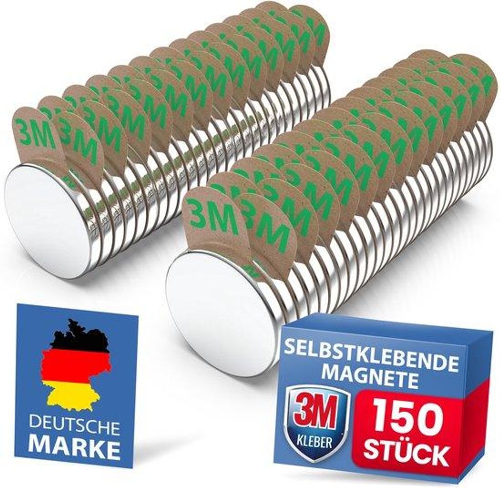 Neodymium-Magneten maxi-Pack 150 Stück (10x1mm) mit Magnet-Kleebändern, für Unternehmen, Whiteboards, Fotos und Kühlschränke