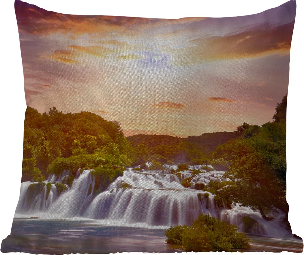 MuchoWow Outdoor Kissen - Wasserfall - Landschaft - Sonne - Wolken - Sonnenuntergang - 45x45 cm - Wetterfest - Lounge Kissen - Fotokissen - Dekor...