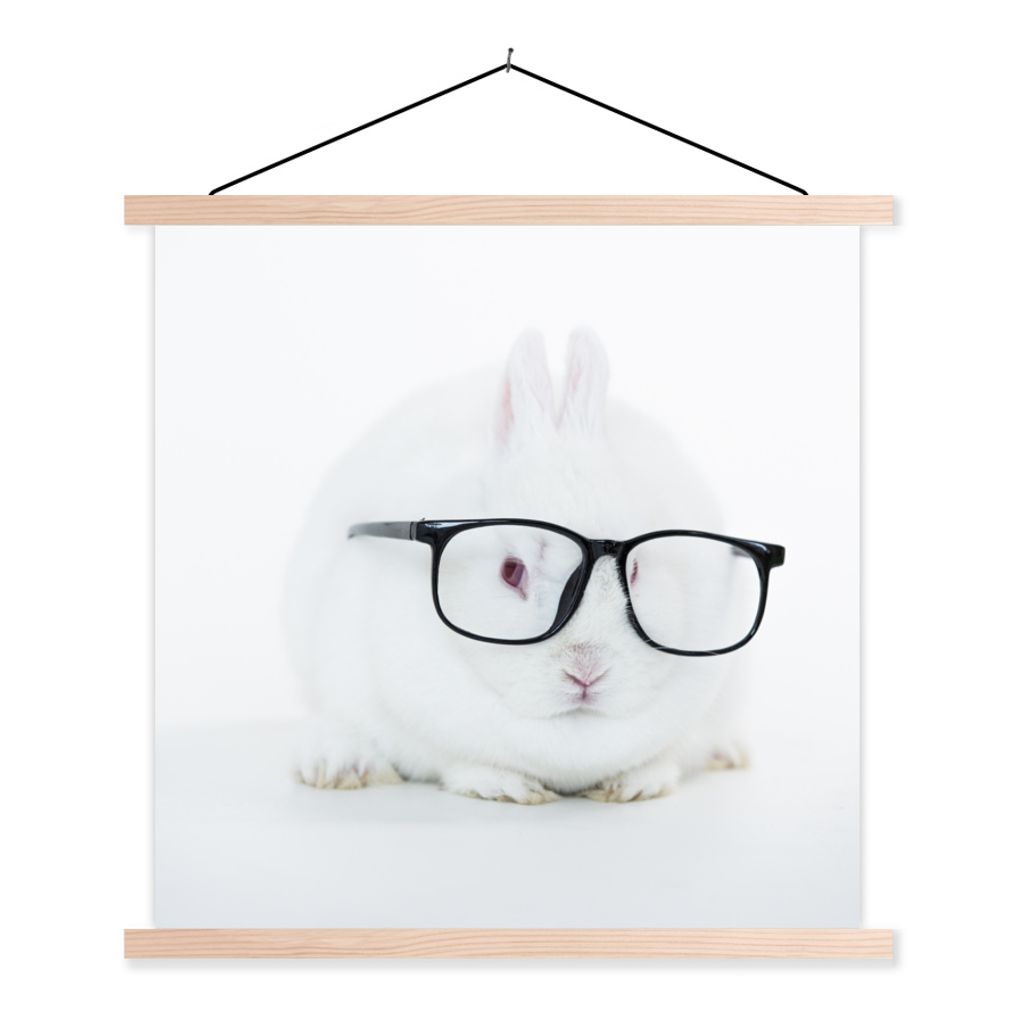 MuchoWow Textilposter Kaninchen - Brille - Hipster 120x120 cm mit holzfarbenen Rahmen - Textil-Poster