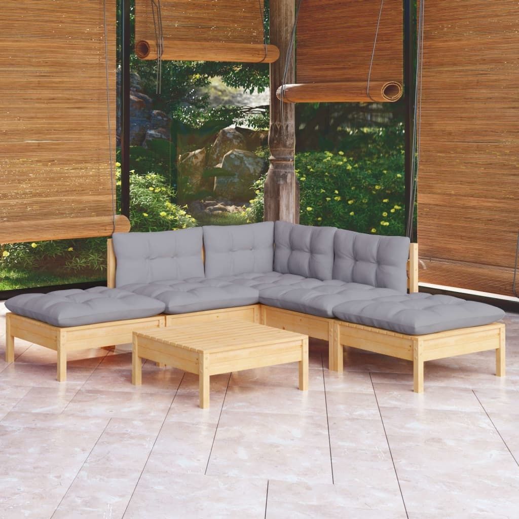 The Living Store 6-tlg. Garten-Lounge-Set mit Grauen Kissen Kiefernholz