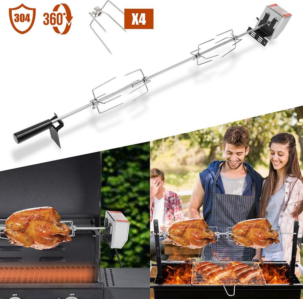 Izrielar 117 cm Edelstahl Grillspieß Set mit Motor 220–240V, Elektrischer Drehspieß inkl. 4 Fleischklammern & 4 Fleischnadeln, BBQ Rotisserie