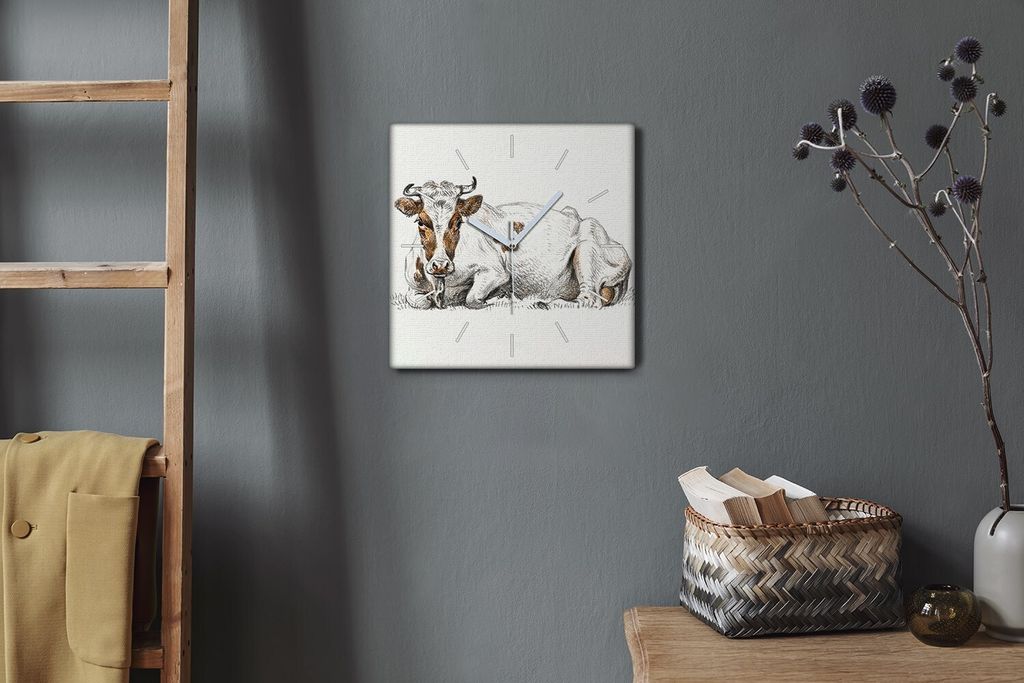 Coloray Hodiny Unikátní 30x30 cm Tiché hodiny Pro obývací pokoj a kuchyň Nástěnné hodiny Plátno Bílé ručičky hodin - Zvířecí kráva