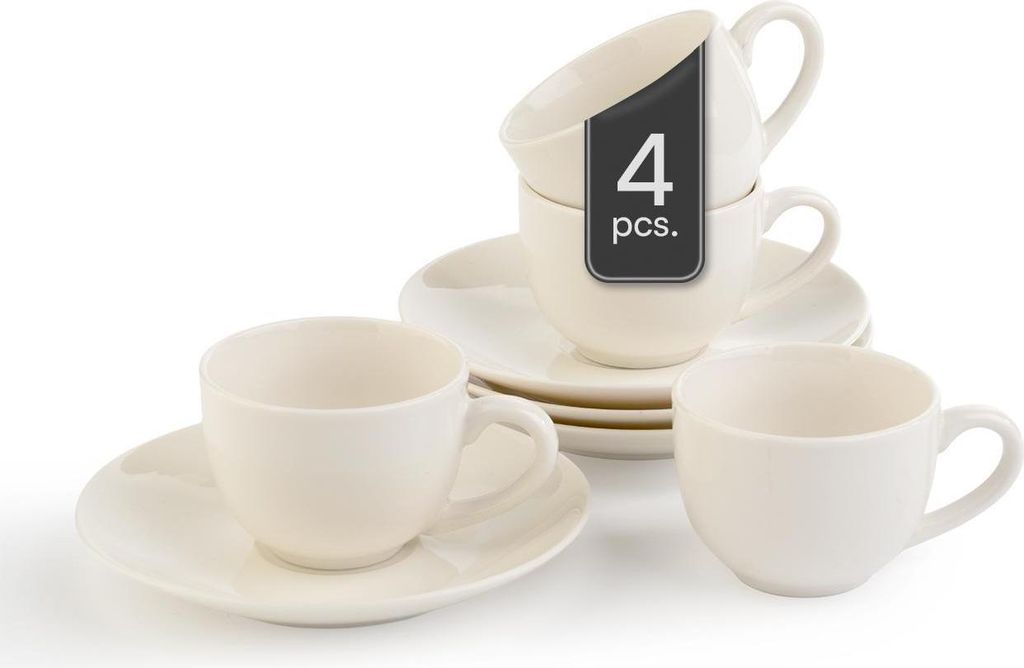 Espressotassen mit Untertassen - 90 ml - Weiß - Bone China - 4er Set