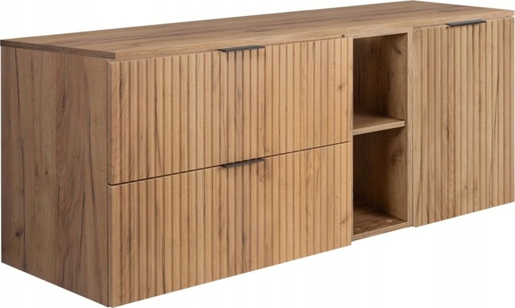 A wooden cabinet with ribbed doors and open shelving.