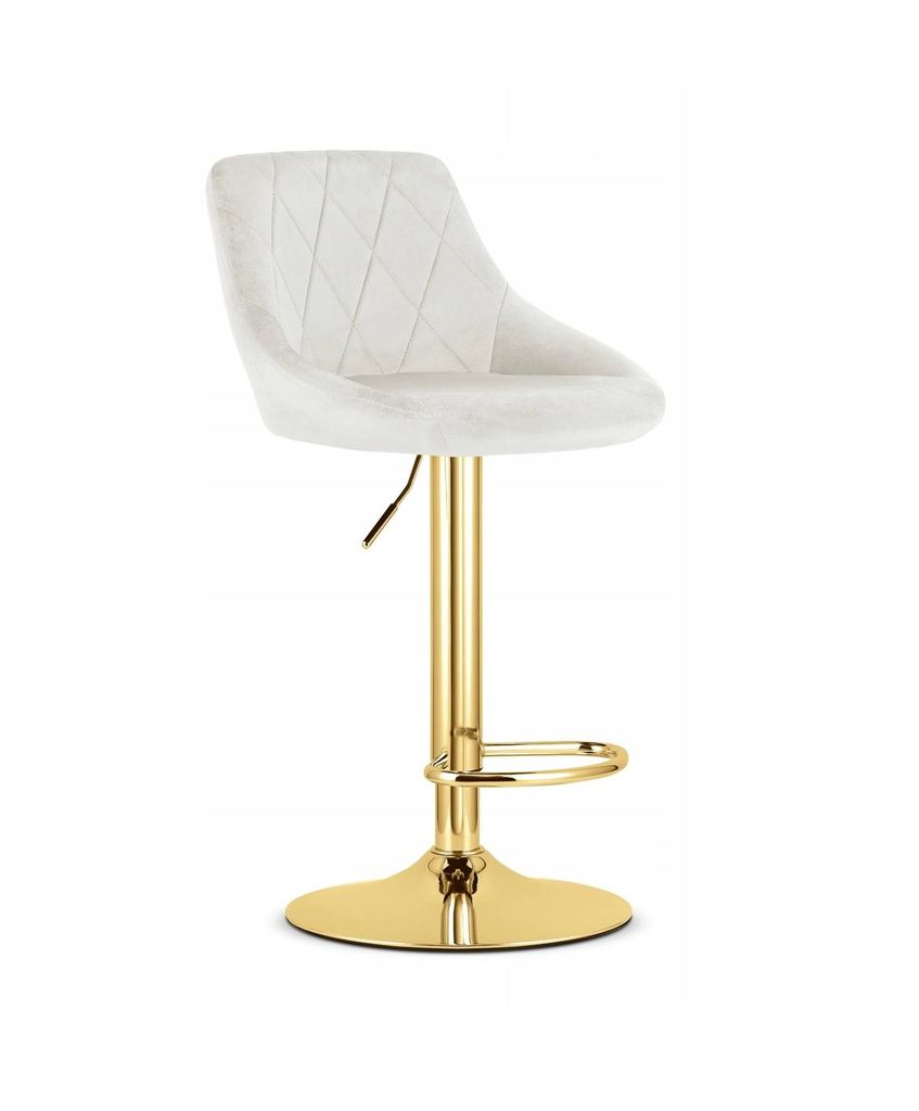 A beige velvet bar stool with a gold base and stem, shown against a white background.