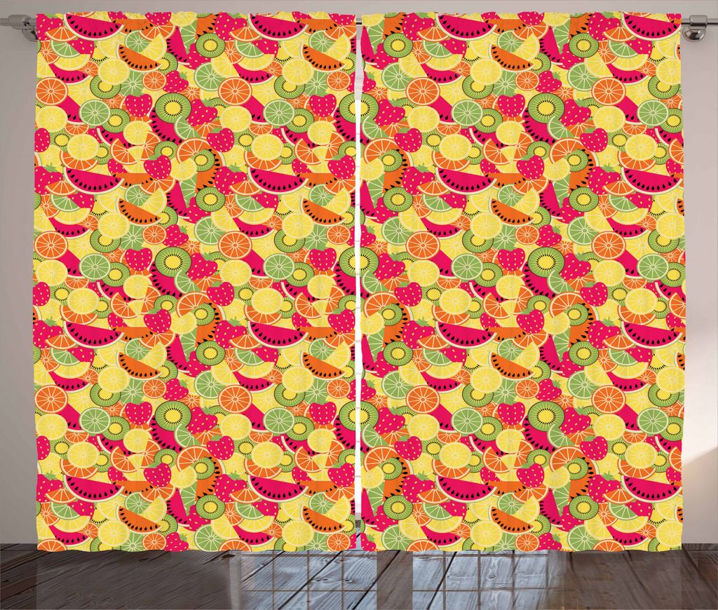 ABAKUHAUS Obst Rustikaler Gardine, Orange Wassermelone Erdbeere, Schlafzimmer Kräuselband Vorhang mit Schlaufen und Haken, 280 x 225 cm, Mehrfarbig
