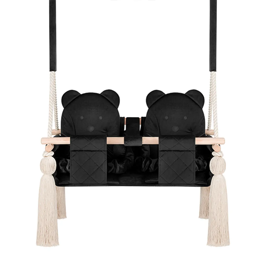 Balançoire double d'intérieur en bois et velours noir pour deux enfants