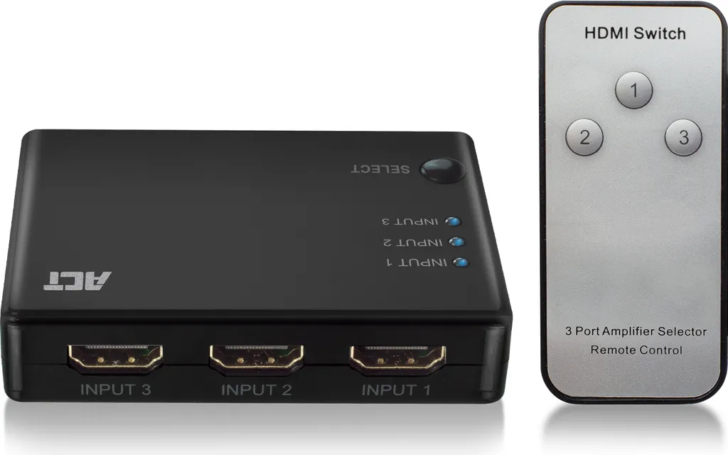 ACT AC7845 Commutateur Vidéo HDMI 4K Switcher 3 Ports avec Télécommande