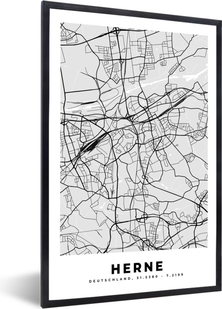 MuchoWow Gerahmtes Poster Herne - Karte - Stadtplan - Deutschland - Karte 60x90 cm - Poster mit Schwarzem Bilderrahmen Wandposter Rahmen Foto Bil...