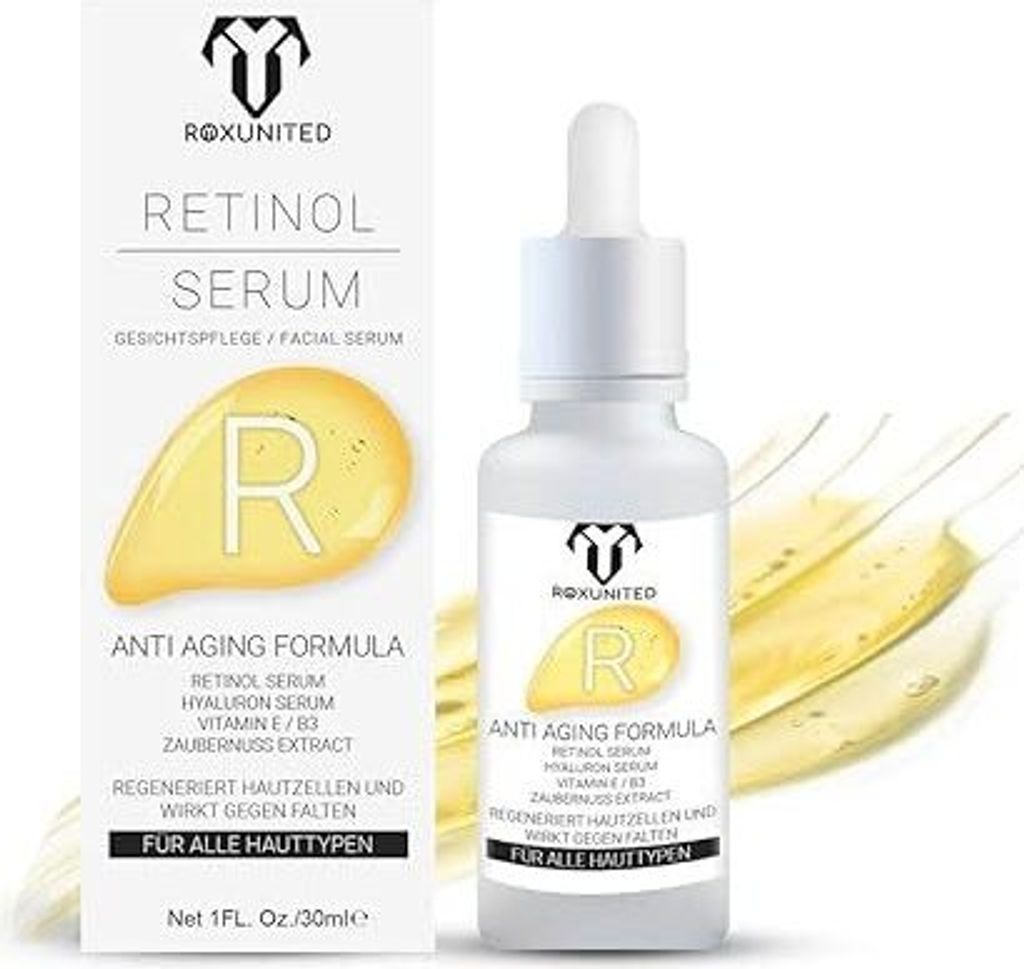 ROXUNITED Retinol Serum Hochdosiert "Vergleichssieger" Hochkonzentriert Serum Gesicht Anti Aging Vitamin C Vegan Hyaluronsäure gegen Falten, 30 ml