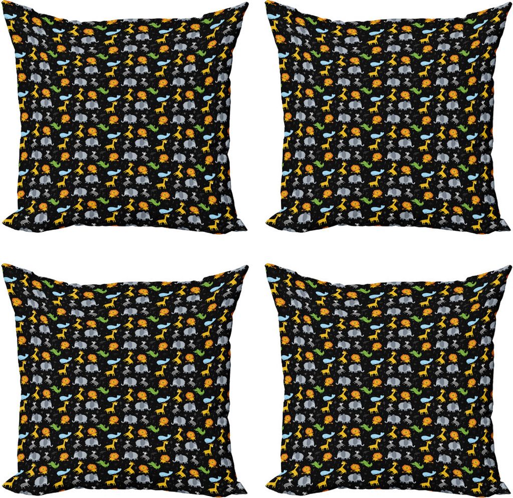 ABAKUHAUS Tier Kissenbezug Set (4 Stück), Löwe Giraffe Wal Zebra, Moderner Doppelseitiger Digitaldruck, 40 cm x 40 cm, Charcoal Grau Weiß