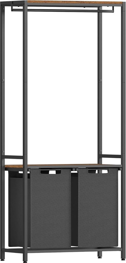 A product shot of a laundry hamper with a hanging rack and shelves.