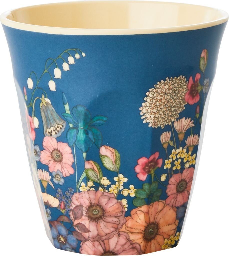 Rice Melamin Becher Medium Blau mit Blumen Ranken