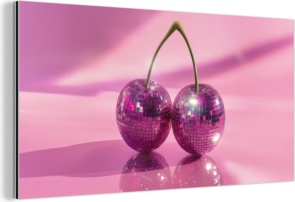 MuchoWow Wanddekoration Metall Metallbild Wandkunst 120x60 cm Glitzer - Discokugel - Rosa - Kirsche MuchoWow Aluminium Gemälde - Metalbilder