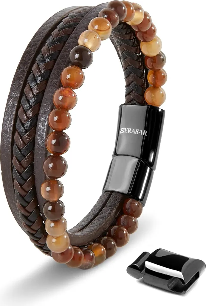 SERASAR Bracciale Uomo Marrone Stone Premium - Vera Pelle e Pietre 20cm