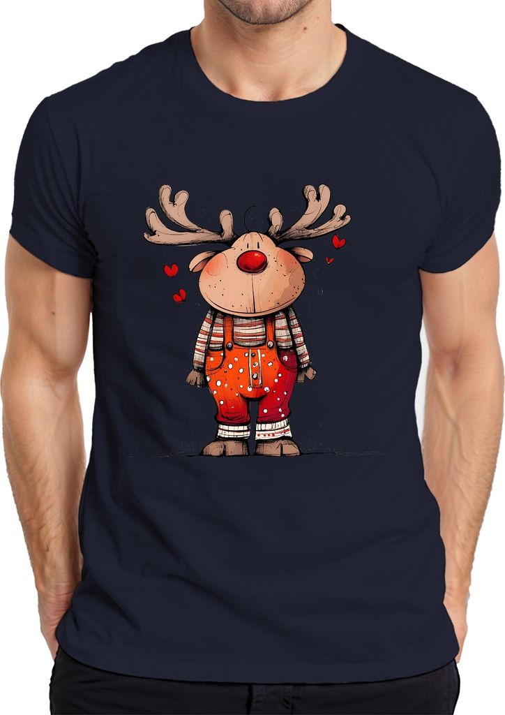 Rudolf Rentier Weihnachten Latzhose Herzen Niedlich Retro Herren T-Shirt, Navy, XXL