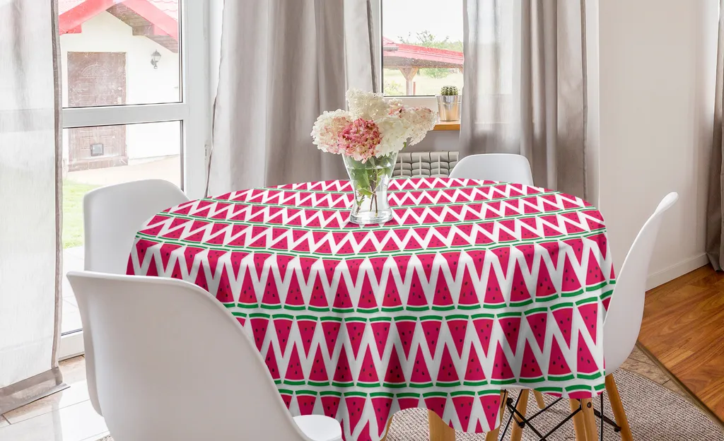 ABAKUHAUS Tovaglia rotonda con motivo angurie, fette triangolari, tovaglia circolare per sala da pranzo, decorazione cucina, 150 cm, magenta e verde