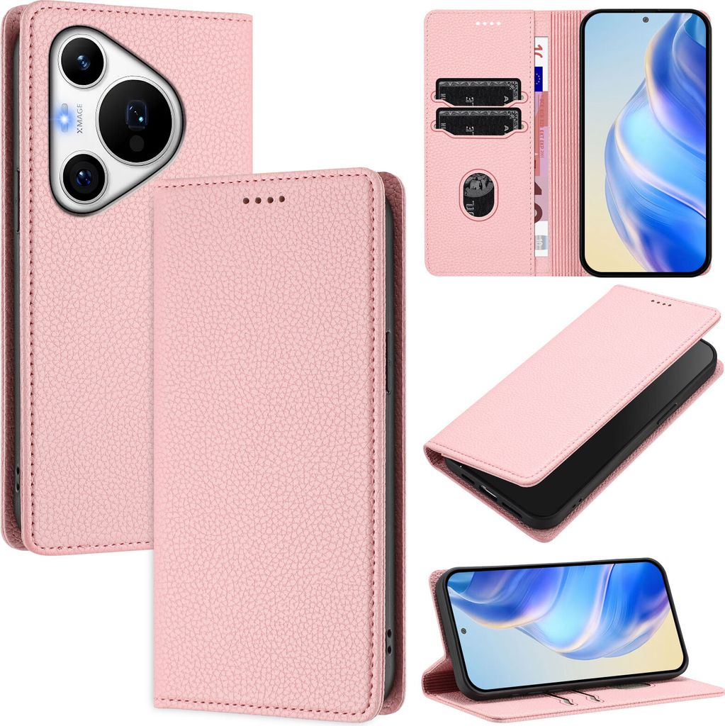 Litchi Leder Handyhülle für Huawei Pura 70 Pro/Pura 70 Pro+ Wallet Kartenfächer Standfunktion Hülle Pink