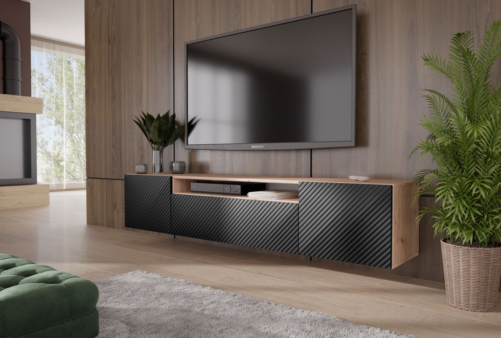 ALTDECOR TV-Schrank NADO-W mit Gefrästen Fronten, wandhängend, 200 x 40 x 41 cm, 3 Fächer mit Klapptür links, rechts und nach Unten, TV-Lowboar...