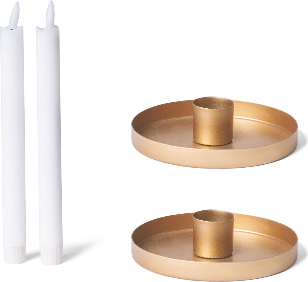 Novaliv 2x Stabkerzenhalter rund Metall Kerzenhalter candle holder Durchmesser 9cm GOLD mit Premium LED-Stabkerze Echtwachs Flackereffekt Kerzenpic...