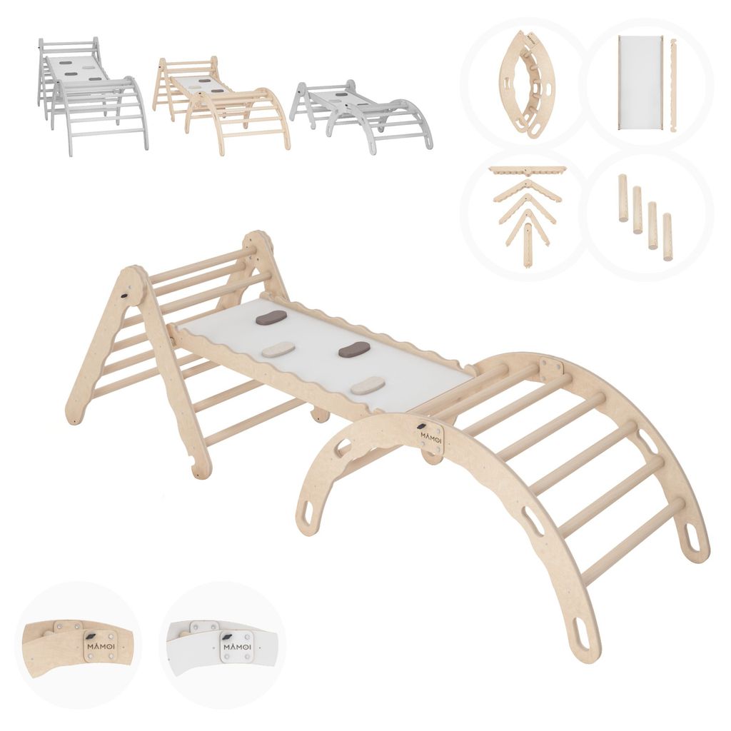 MAMOI Klettergerüst indoor, Kletterdreieck mit rutsche aus holz, Kletterbogen, Baby kinder klettern, Regenbogenwippe mit Rutschbrett, Holzbogen ...