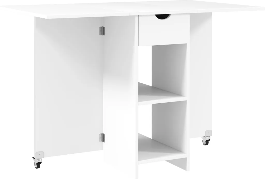 Table pliante avec étagères et tiroir de rangement 114 cm bois blanc