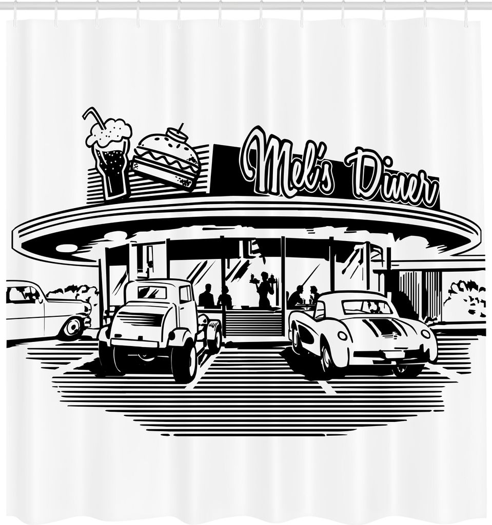 ABAKUHAUS Retro Duschvorhang, Nostalgische Retro Restaurant Restaurants Mit Vintage Autos Zurück In Fünfziger Jahren, Stoffliches Gewebe Badezimm...
