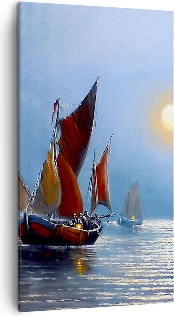 Bild auf Leinwand - Leinwandbild - Boote Sonne Fischer Angeln - 45x80cm - Wand Bild - Wanddeko - Leinwanddruck - Bilder - Kunstdruck - Wanddekorati...