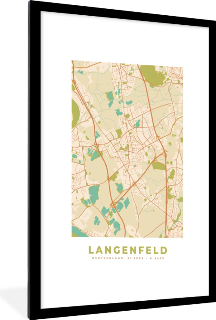 MuchoWow Gerahmtes Poster Langenfeld - Jahrgang - Karte - Stadtplan 60x90 cm - Poster mit Schwarzem Bilderrahmen Wandposter Rahmen Foto Bilder - ...