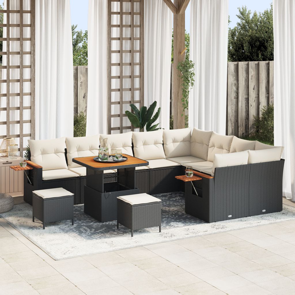 12-teiliges Garten Sofa Set mit Kissen Schwarz Poly Rattan Akazie, Gartensofas DesignMöbel Neu