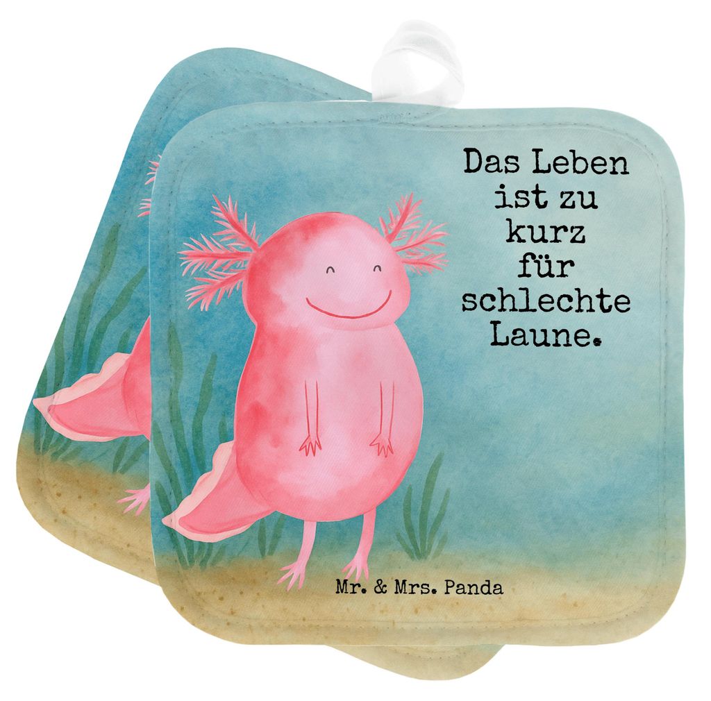 Mr. & Mrs. Panda Topflappen Axolotl Glücklich Design - Weiß - Geschenk, Lebensfroh, Topfuntersetzer, Motivationsspruch, Doppel, Kochlappen, Lurch...
