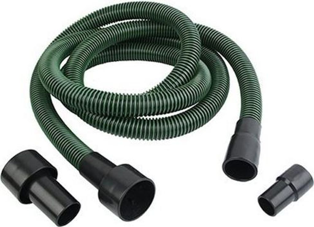 A coiled green flexible hose with black connectors and adapters on a white background.