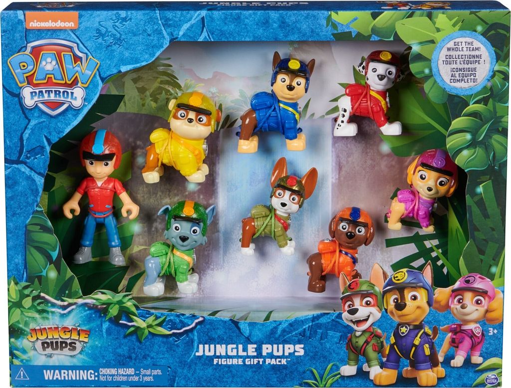 A gift set of Paw Patrol Jungle Pups figures in their packaging.
