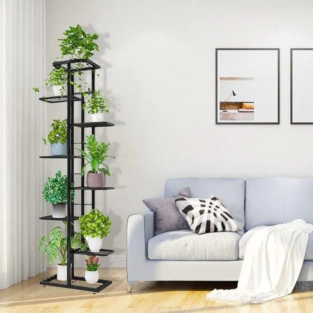 Support à plantes métallique 8 niveaux gris foncé argenté intérieur