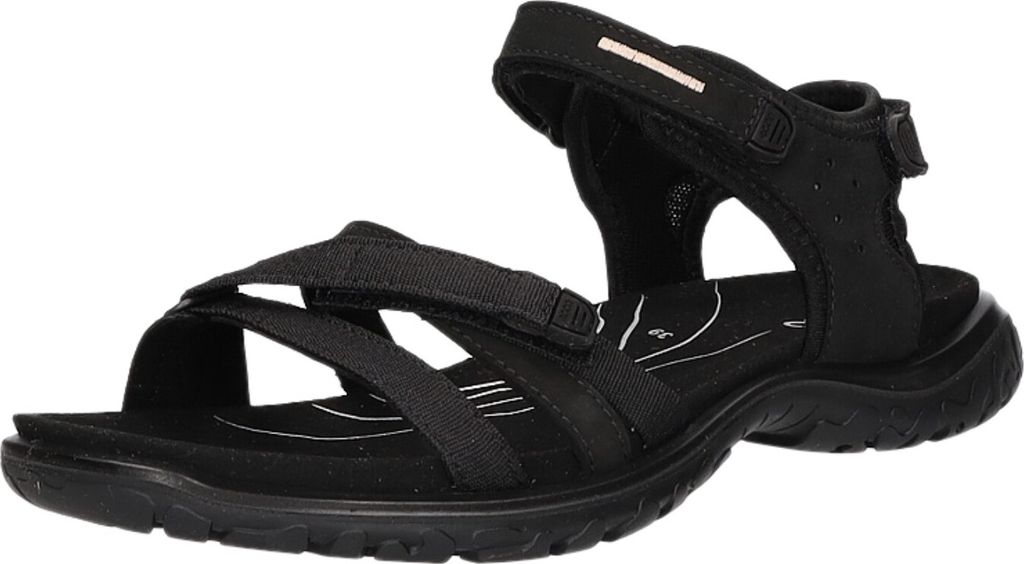 A black sandal is shown from a diagonal angle against a white background.