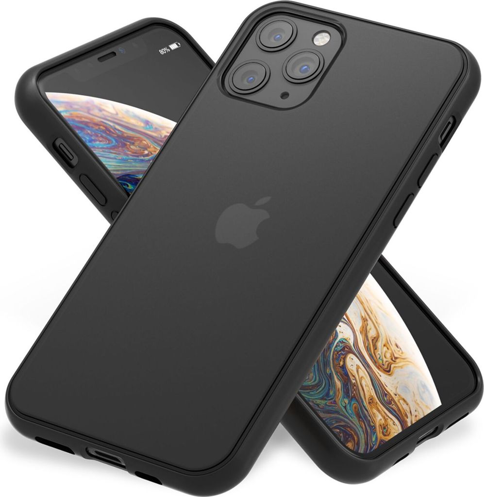 Two black iPhone cases are shown, one partially covering the other, against a white background.