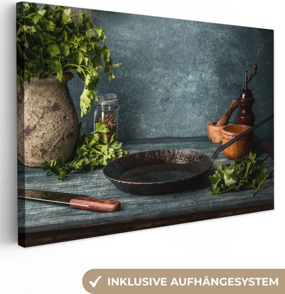 MuchoWow - Leinwandbilder - Kräuter - Gewürze - Pfanne - Messer - Grau - Rustikal, Wandbild, Wanddeko Bilder Wohnzimmer, 30x20 cm