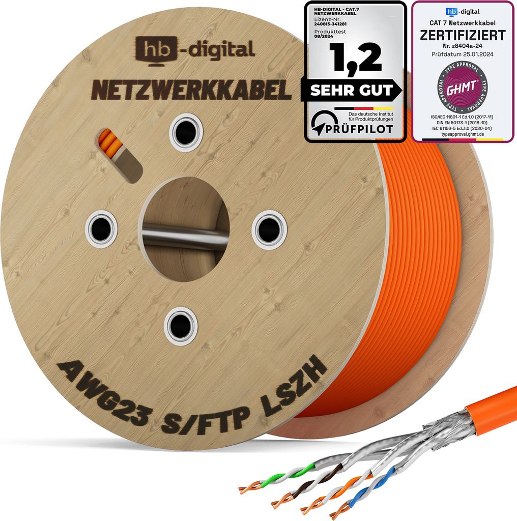 hb-digital 1000m Netzwerkkabel CAT 7 LAN Kabel max. 1000 MHz S/FTP AWG23 LSZH orange