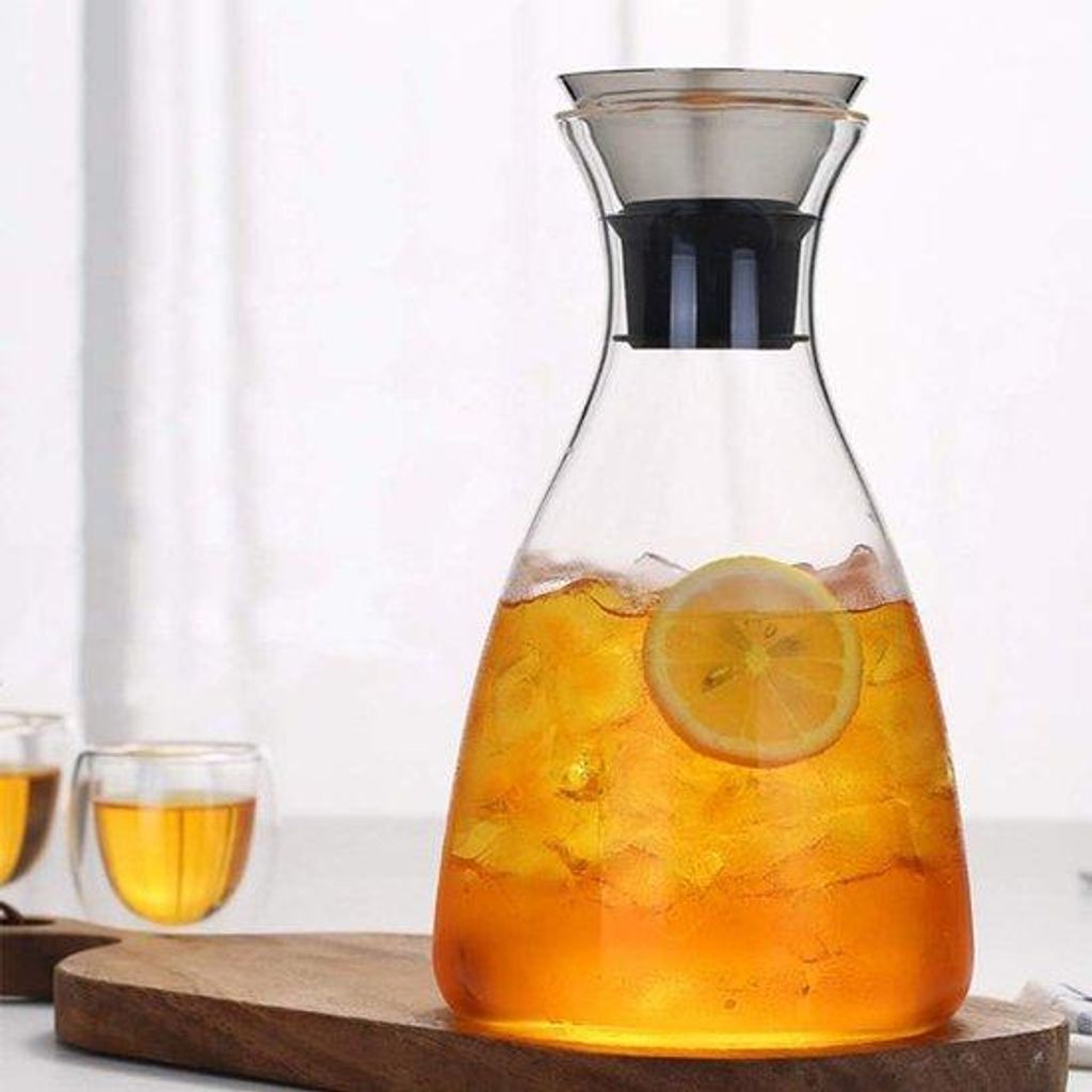 Premium-Glas-Wasserflasche 1,5 Liter, hittebeständig, mit Deckel, für heiße Getränke und saure Flüssigkeiten.