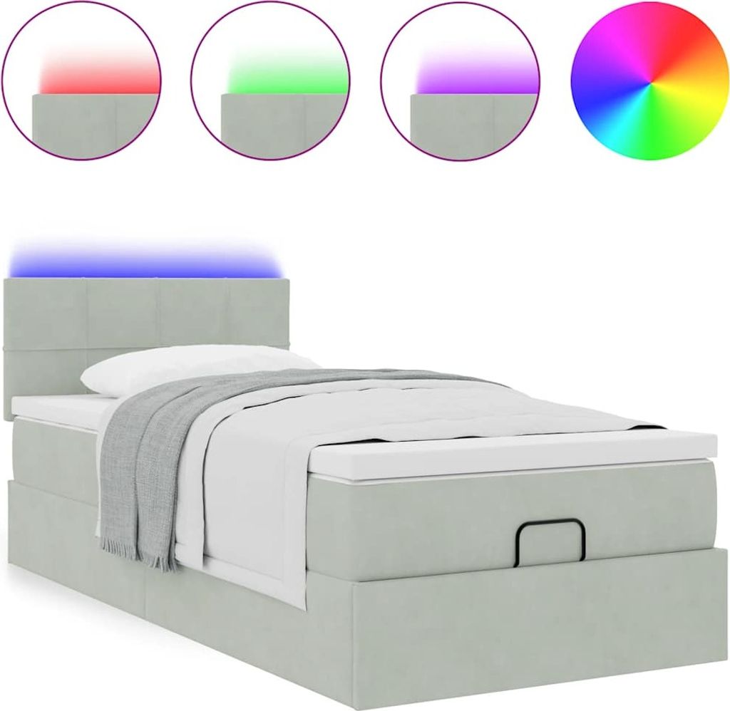 Ottoman-Bett mit Matratze & LEDs Hellgrau 100x200 cm Samt