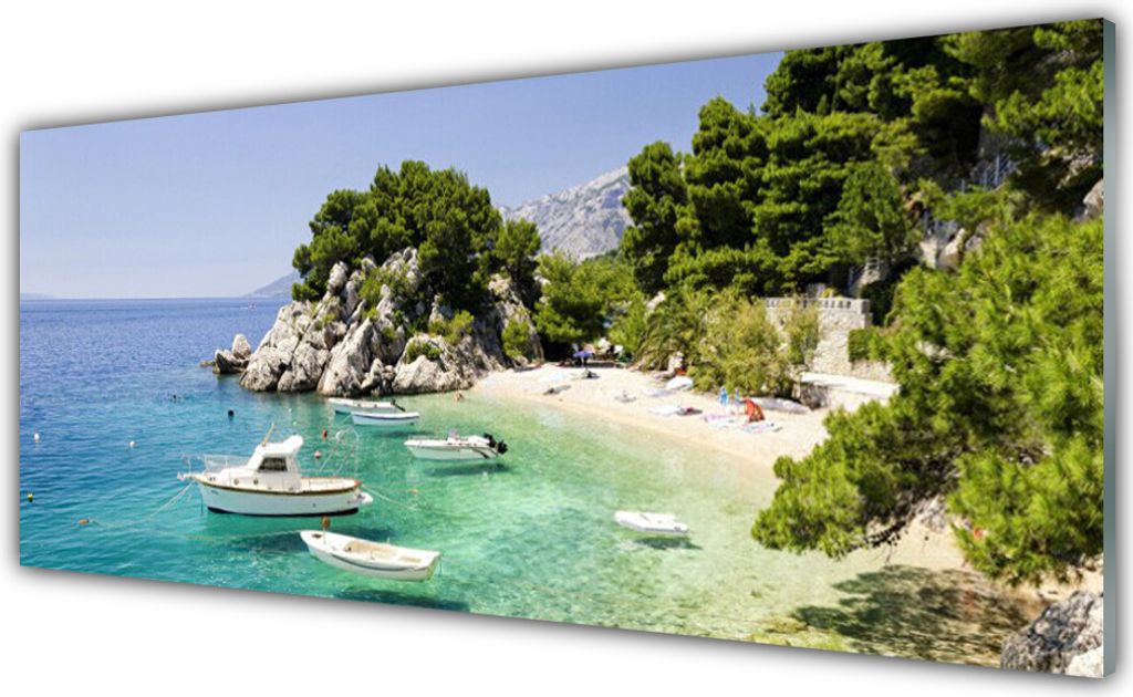 Küchenrückwand aus Glas 125x50cm Spritzschutz Meer Boot Strand Felsen